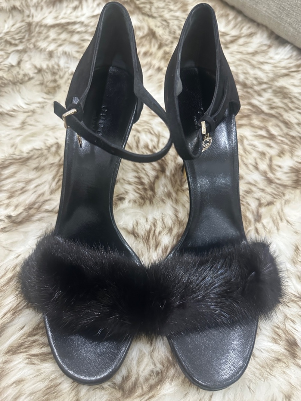 Gucci Black Fur Strap Ankle‑Tie Heels